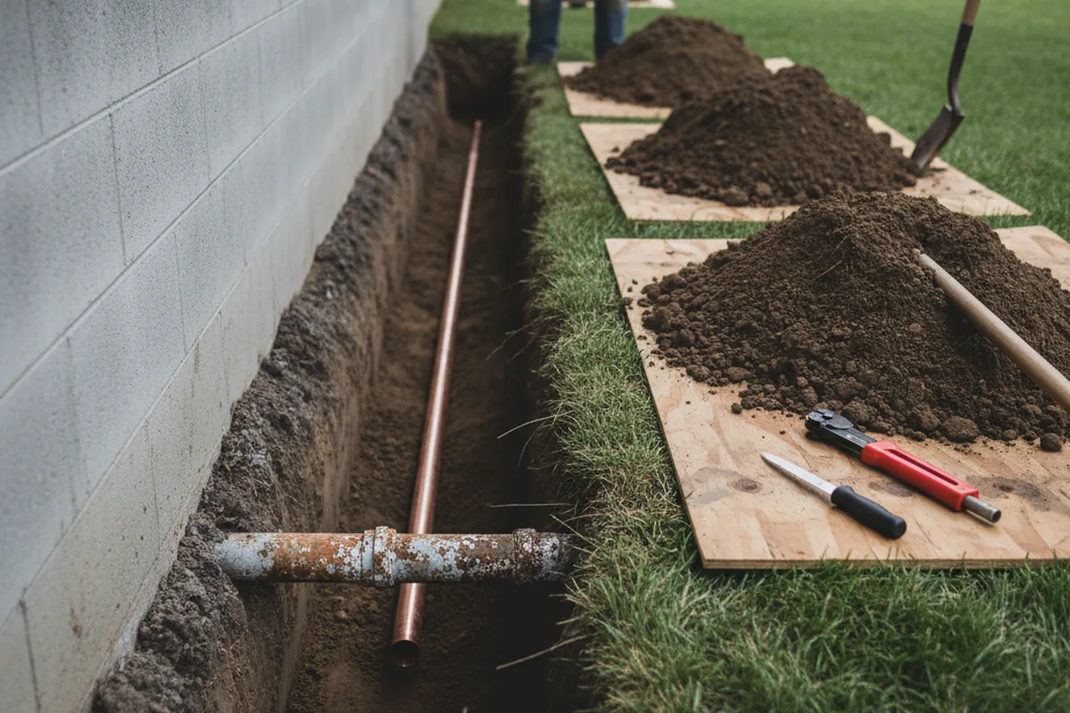 Excavated water line trench during Water Heater Repair in Rochester Mills